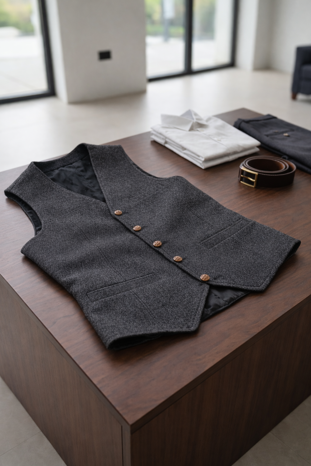 Charcoal Grey Herringbone Tweed Vest